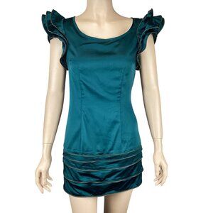 Black Label Dress Size Medium NWT Green Ruffled Teal Satin Mini Zippered Sleeves